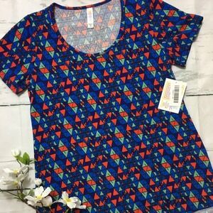 LuLaRoe Classic T Shirt Geometric Print Blue Red XS NWT Scoop Neck